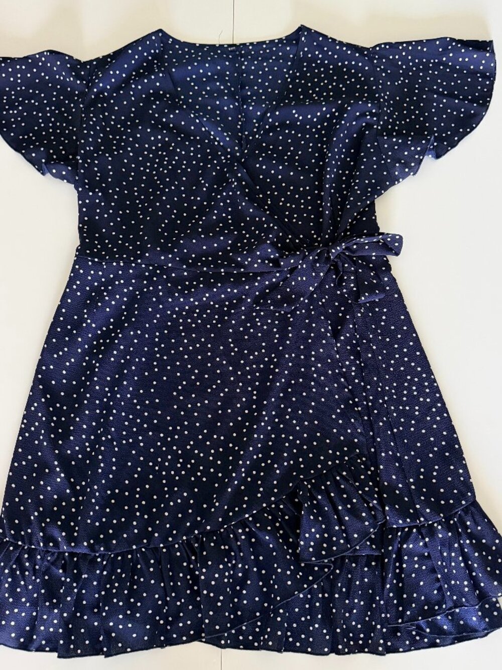 Womens 2XL Blue White Polka Dot Wrap Ruffle Mini Dress Prairiecore Cottagecore